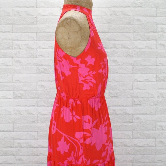 Dress Maxi Halter Floral Tiered Tropical Summer Sleeveless Orange Pink Small - Picture 4 of 15